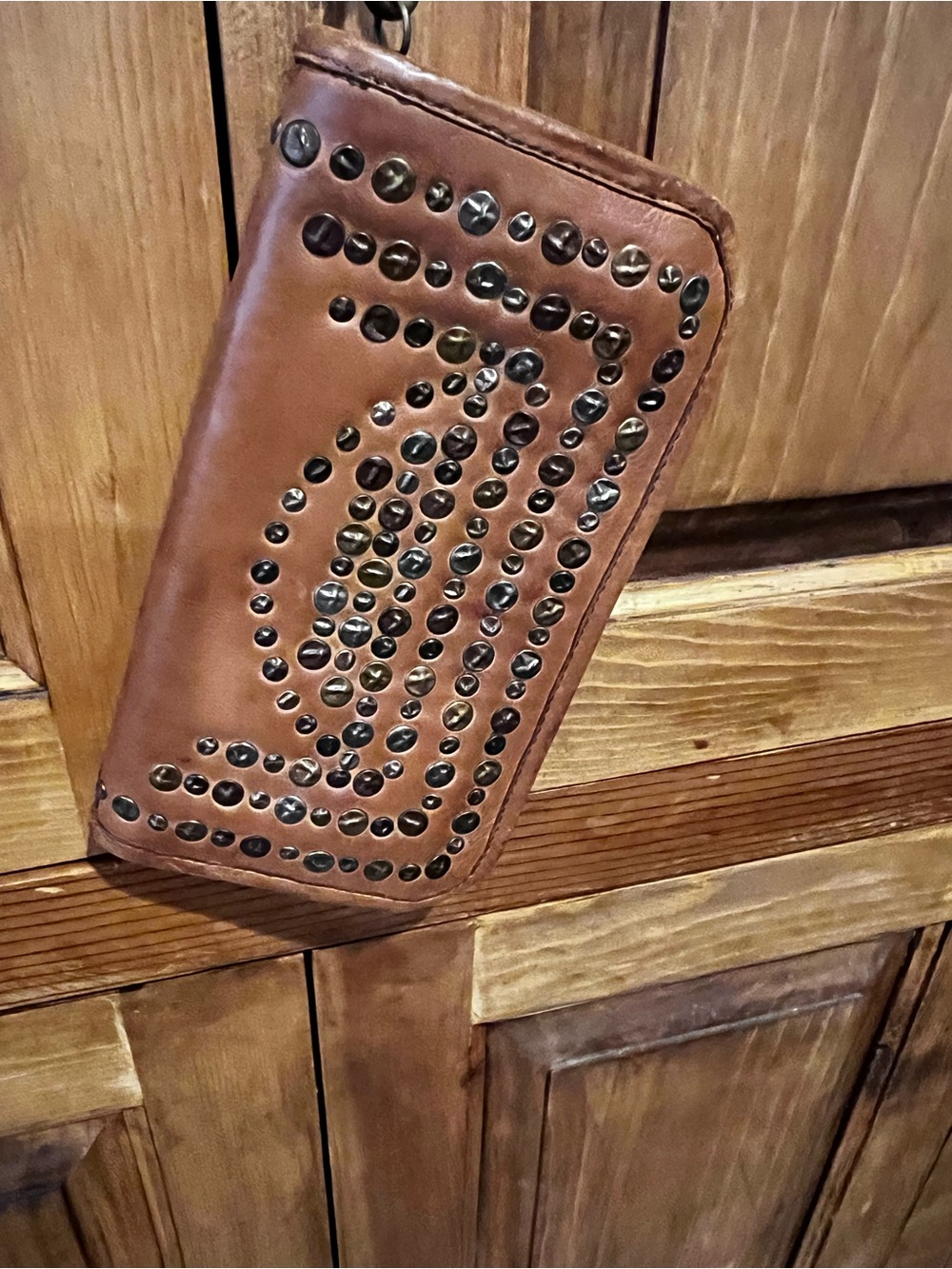 Viola Castellani Tan/Brown Studded Leather Zip Wallet clutch w/ wrist loop